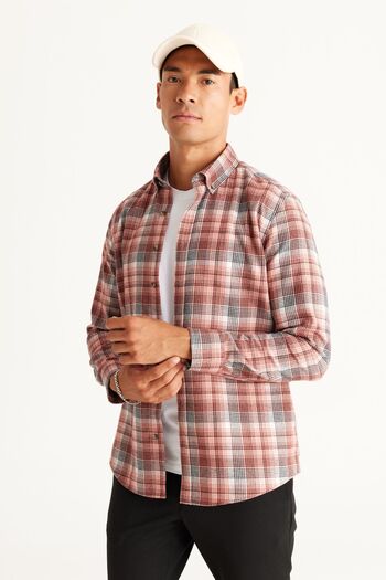 ALTINYILDIZ CLASSICS Men's Brick-Black Slim Fit Slim Fit Buttoned Collar Cotton Plaid Patterned Flannel Lumberjack Shirt