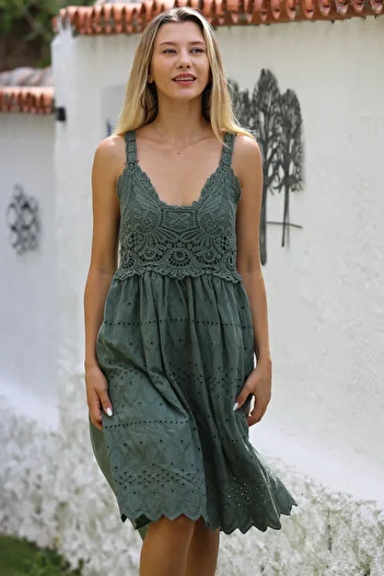 Chiccy Χακί Δαντελένιο Φόρεμα Σπιράλ - Italian Woven Casual