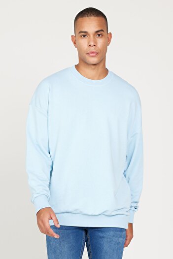 AC&Co / Altınyıldız Classics Men's Light Blue Oversize Loose Cut 3 Thread Crew Neck Cotton Sweatshirt