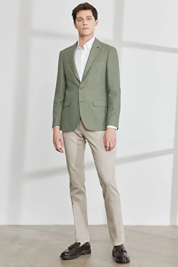 ALTINYILDIZ CLASSICS Men's Green Slim Fit Slim Fit Mono Collar Patterned Blazer Jacket