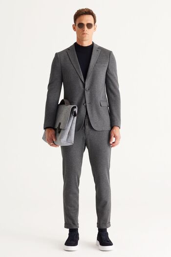ALTINYILDIZ CLASSICS Men's Navy Blue-Grey Slim Fit Slim Fit Mono Collar Patterned Suit