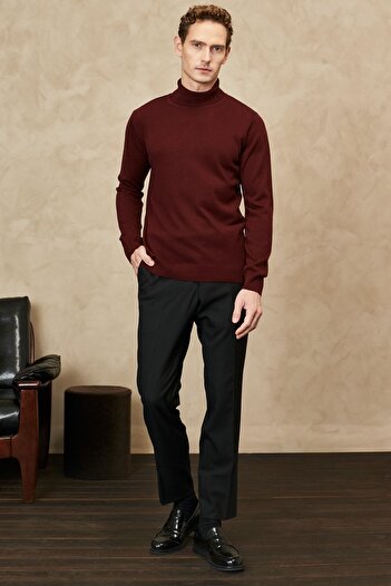 ALTINYILDIZ CLASSICS Men's Claret Red Non-Pilling Anti Pilling Featured Standard Fit Full Turtleneck Knitwear Sweater