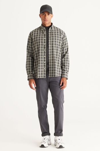 ALTINYILDIZ CLASSICS Men's Anthracite-Green Comfort Fit Relaxed Cut Buttoned Collar Checked Shirt