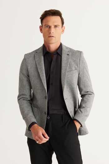 ALTINYILDIZ CLASSICS Gray Slim Fit Men's Blazer - Mono Collar and Woolen Design