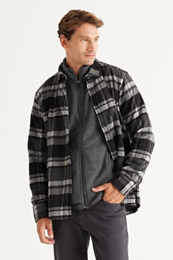 ALTINYILDIZ CLASSICS Men's Black-anthracite Comfort Fit Relaxed Cut Button Collar Plaid Patterned Flannel Shirt