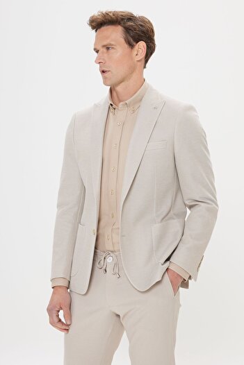 ALTINYILDIZ CLASSICS Men's Beige 360 All-Way Stretch Slim Fit Slim Fit Swallow Collar Patterned Blazer Jacket