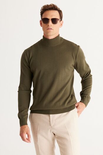 ALTINYILDIZ CLASSICS Men's Khaki Non-Pilling Standard Fit Normal Cut Half Turtleneck Knitwear Sweater