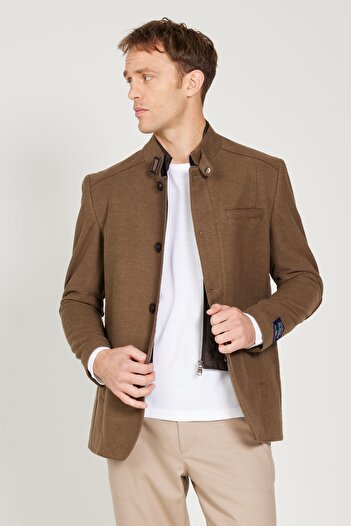 ALTINYILDIZ CLASSICS Men's Mink Standard Fit Regular Cut Stand Collar Cotton Overcoat