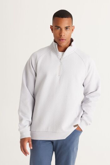 AC&Co / Altınyıldız Classics Men's Light Gray Loose Fit Stand-Up Bato Collar Inner Fleece 3 Thread Patterned Sweatshirt