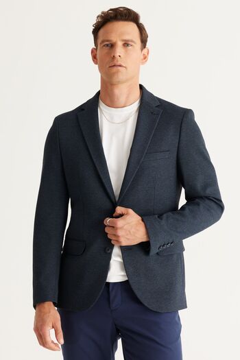 ALTINYILDIZ CLASSICS Men's Black-Navy Blue Slim Fit Slim Fit Mono Collar Diagonal Patterned Blazer Jacket