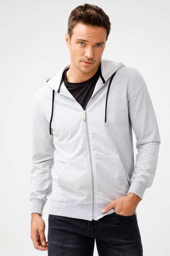 İgs Erkek A.gri Modernfıt / Ekstra Dar Kalıp Kapşonlu Fermuarlı Sweatshirt
