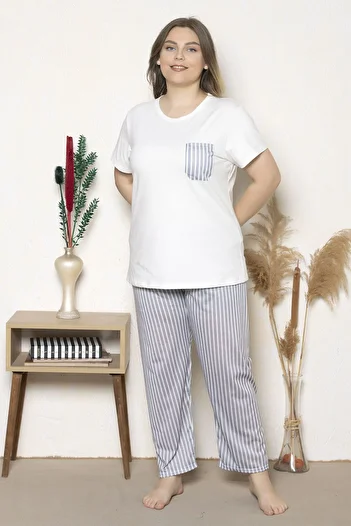 MyBen Large Size Gray Striped Short Sleeve Oversize Pajamas Set B-22