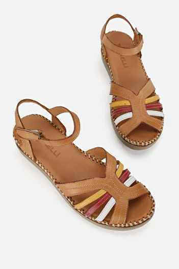 TUNAELLİ Women's Tan Genuine Leather - Flat Wedge Heels, Size 35-41-42, Front Open Strap Sandals