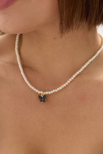 New Obsessions Butterfly Pendant Glass Pearl Necklace