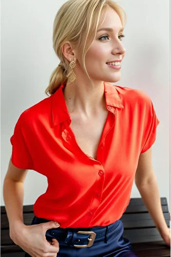 Cassime Red Viscose Women's Shirt - Bat Sleeve, Buttoned