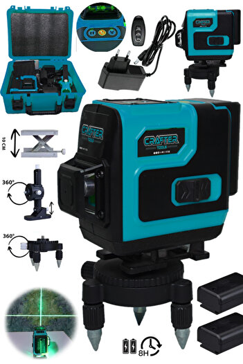 CRAFTERTOOLS Germany 360° 12 Köşe Otomatik Hizalamalı Lazer Metre Hizalama Yeşil Çizgili Lazer Hizalama Kumandalı
