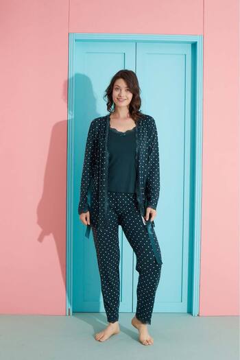 Pijamoni Printed Women's Pajama Set - Polka Dot Collar and Lace Leg