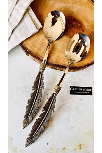 CASA DE BELLA 2 Piece Gold Antique Feather Salad Serving Set