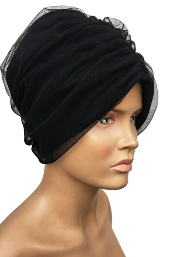 Vera Ready Turban Bonnet Black Tulle Stylish Bonnet Drawstring Draped Lined Women's Hijab Bonnet Hijab