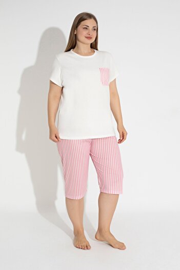 MyBen Plus Size Relaxed Fit Pink Striped Capri Pajama Set - Short Sleeve 30007