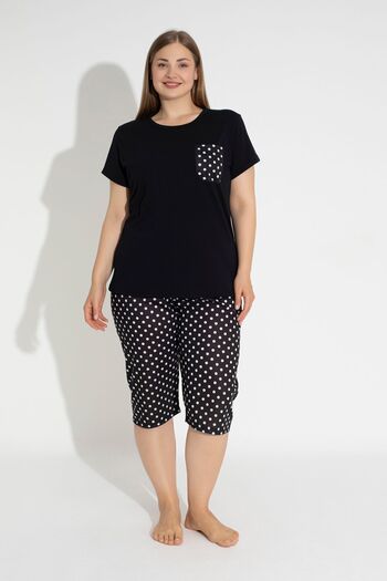 MyBen Black Polka Dot Patterned Short Sleeve Relaxed Cut Plus Size Polka Dot Capri Pajama Set 30009