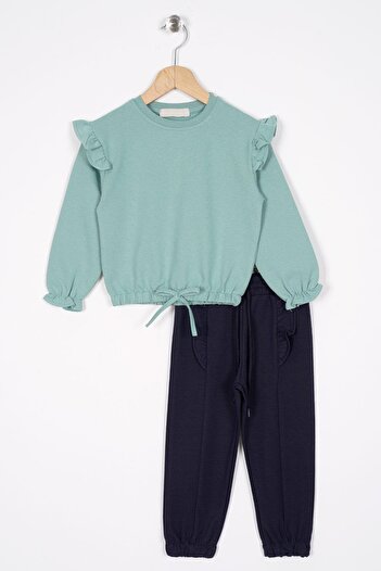zepkids Crew Neck Long Sleeve Long Sleeve Trousers with Stitching Detail Mint Navy Blue Color Girls Tracksuit Set