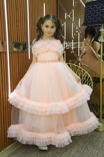 MİSS RAİN Tulle Ruffle Two Layers Pearl Belt Long Girl's Evening Dress