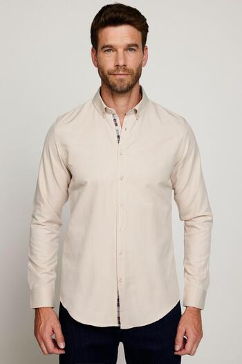 Tudors Men's Oxford Texture Slim Fit Shirt - Easy Iron, Long Sleeve, Beige, Buttoned Collar