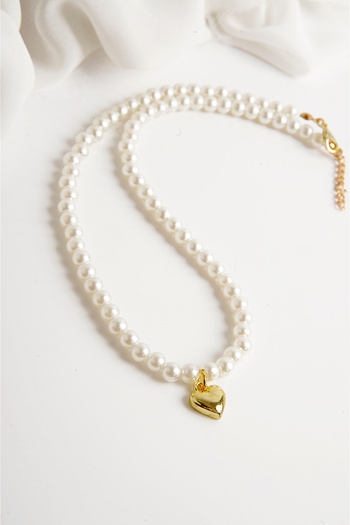 EUROMODA Gold and Silver Pearl Heart Design Necklace and Earring Suit Set