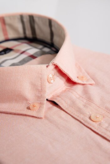 Tudors Men's Plus Size Cotton Oxford Shirt - Short Sleeve, Single Pocket, Salmon Color, Button Collar