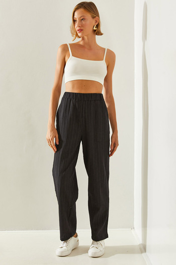 Bianco Lucci Linen Textured Women's Trousers - Large Pocket, Elastic Waist60251292