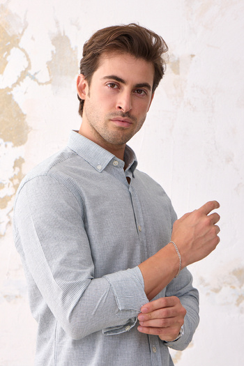 RAVANELLI Giza Men's Striped Slim Fit Shirt - Khaki-White, Linen Look Cotton, Buttoned Collar