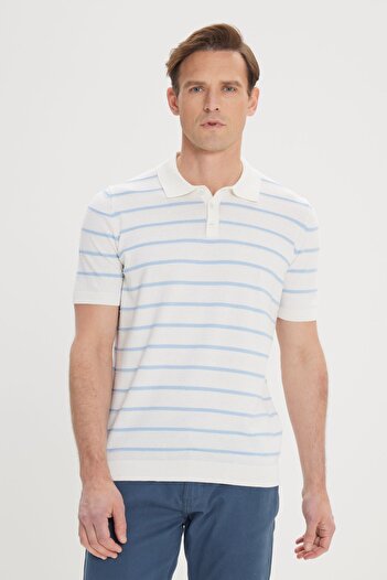 AC&Co / Altınyıldız Classics Pánské úpletové tričko Ecru-Blue Standard Regular Fit 100% bavlna s pruhovaným polo límečkem