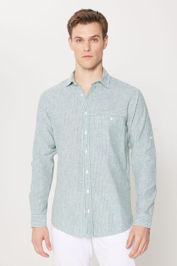 AC&Co / Altınyıldız Classics Green-Ecru Linen Comfort Fit - Ανδρικό πουκάμισο με ριγέ κλασικό γιακά με χαλαρή εφαρμογή