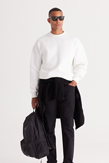 AC&Co / Altınyıldız Classics Men's Ecru Loose Fit 3 Thread Crew Neck Cotton Sweatshirt with Fleece Inside