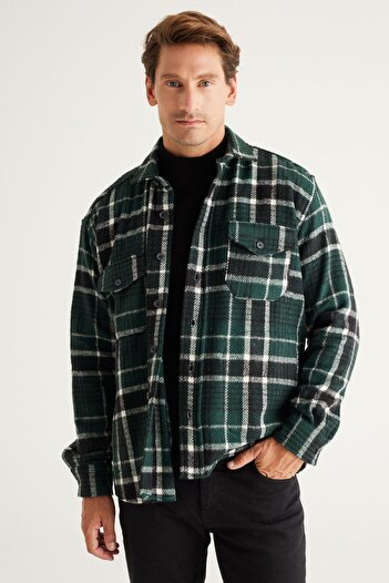 AC&Co / Altınyıldız Classics Men's Khaki-Black Oversize Loose Cut Button Collar Plaid Winter Shirt Jacket