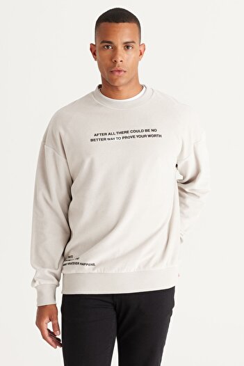 AC&Co / Altınyıldız Classics Men's Light Gray Loose Fit 3 Thread Crew Neck Long Sleeve Sweatshirt with Fleece Inside