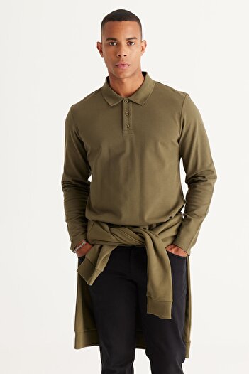 AC&Co / Altınyıldız Classics Pánská mikina s límečkem Polo límec se 3 vlákny, khaki Standard Fit Regular Cut Vnitřní 100% bavlna