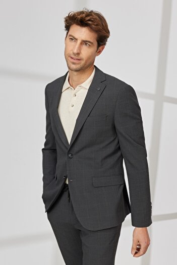 ALTINYILDIZ CLASSICS Erkek Antrasit-Kahverengi Slim Fit Dar Kesim Mono Yaka Gofre Desenli Takım Elbise
