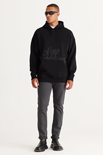 AC&Co / Altınyıldız Classics Men's Black Oversize Fit Loose-Fit Hooded 3 Thread Printed Sweatshirt with Fleece Inside