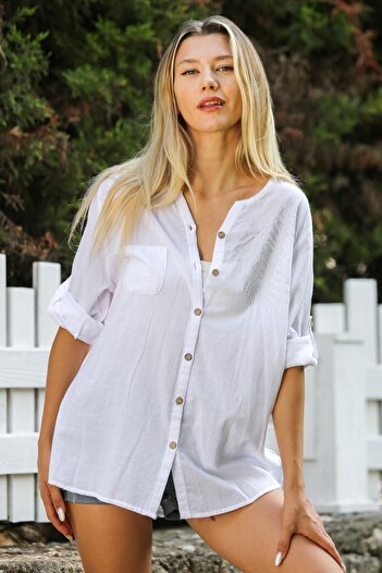 Chiccy White Sequined Woven Shirt - Long Sleeve, Britli Collar, Buttoned