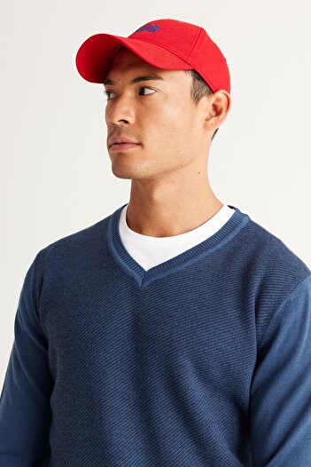 ALTINYILDIZ CLASSICS Men's Indigo-Navy Wool Standard Fit Regular Cut V-Neck Knitwear Sweater