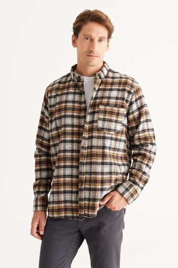 ALTINYILDIZ CLASSICS Men's Brown Ecru Comfort Fit Relaxed Cut Button Collar Plaid Patterned Flannel Shirt