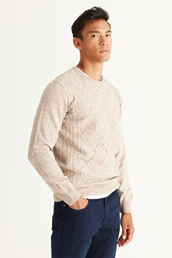 ALTINYILDIZ CLASSICS Men's Beige Melange Standard Fit Regular Cut Crew Neck Ruffled Soft Textured Knitwear Sweater