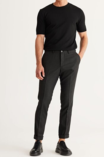 ALTINYILDIZ CLASSICS Men's Anthracite Slim Fit Narrow Cut Bird Eye Patterned Elastic Waist Tied Trousers