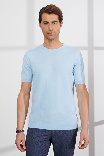 ALTINYILDIZ CLASSICS Men's Blue Standard Fit Regular Cut Crew Neck 100% Cotton Knitwear T-Shirt