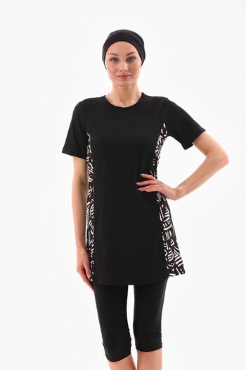 medipek Hijab Swimsuit - Lycra, Semi Covered, Black and White Patterned