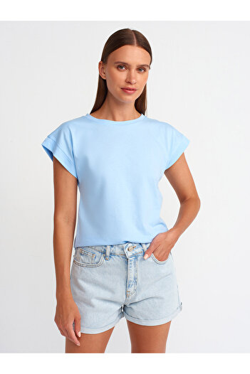 Dilvin 3504 Light Blue Crew Neck Combed Cotton T-Shirt