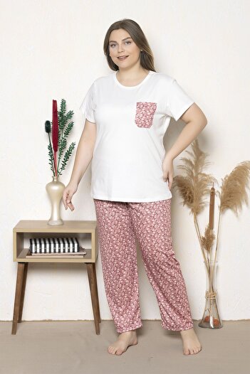 MyBen Plus Size Pink Colored Flower Patterned Short Sleeve Oversize Pajamas Set B-19