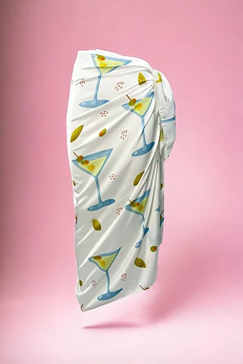 pistore White Satin Pareo with Green Olive - Martini Women's Beach Dress, New Season